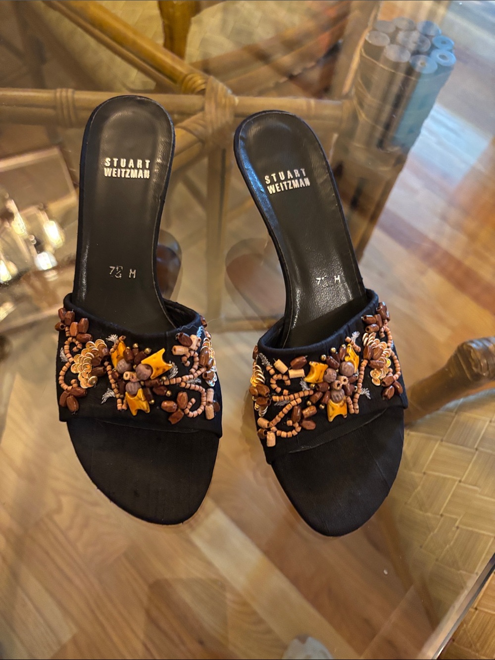 Stuart Weitzman Black Slide Mules with Brown & Tan Bead Embellishment